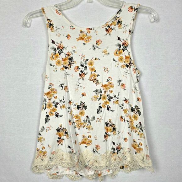 Rewind S Floral Lace Hem Tank Top Ivory Yellow Flowers - Picture 1 of 7